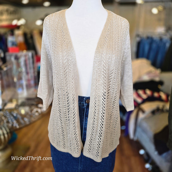 DRESSBARN NWT Tan Open Knit Short Sleeve Cardigan L - PopRock Vintage. The cool quotes t-shirt store.