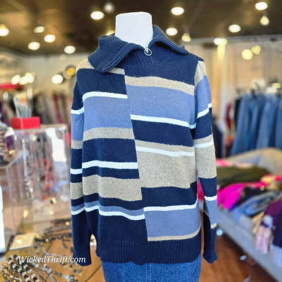 ERIKA Blue/Brown Stripe Sweater L - PopRock Vintage. The cool quotes t-shirt store.