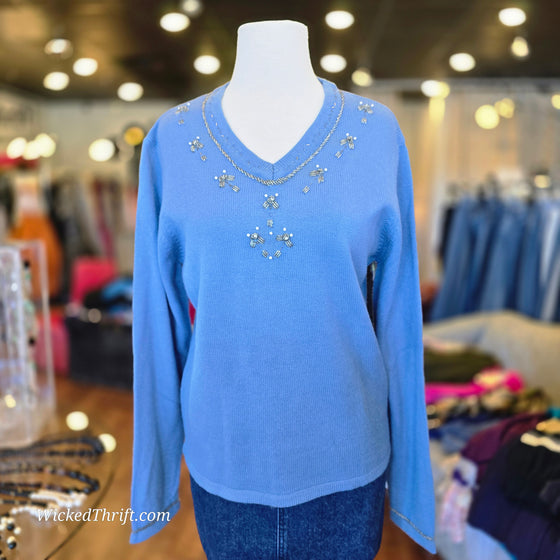 HALAND Blue V Neck Sweater w. Beaded Neckline M - PopRock Vintage. The cool quotes t-shirt store.