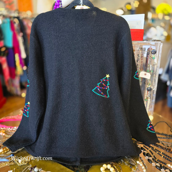 KAREN SCOTT Black Wool Tree Cardigan 2X - PopRock Vintage. The cool quotes t-shirt store.