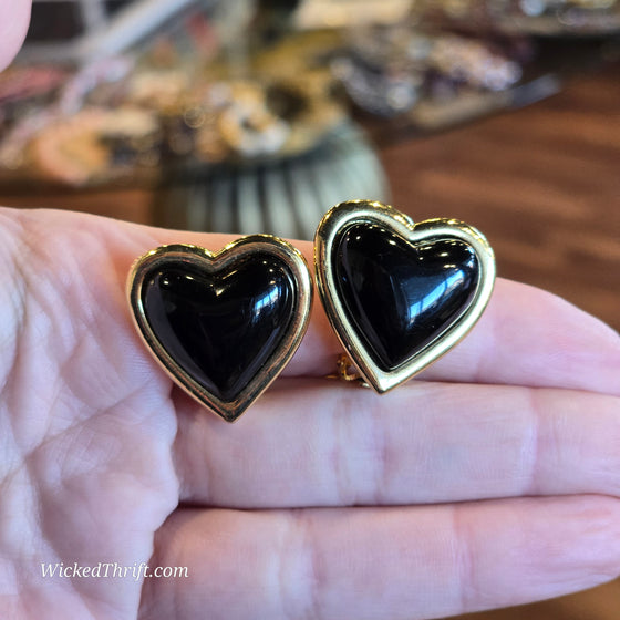 VINTAGE Black/Gold Tone Heart Clip On Earrings - PopRock Vintage. The cool quotes t-shirt store.