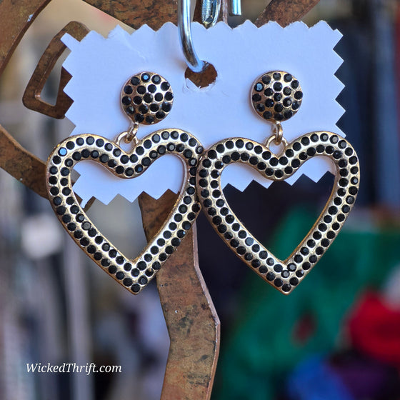 GOLD TONE + Black Rhinestone Heart Drop Earrings - PopRock Vintage. The cool quotes t-shirt store.