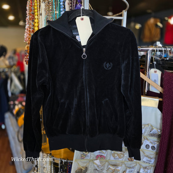 ROBERT LOUIS Black Velour Zip Up M - PopRock Vintage. The cool quotes t-shirt store.