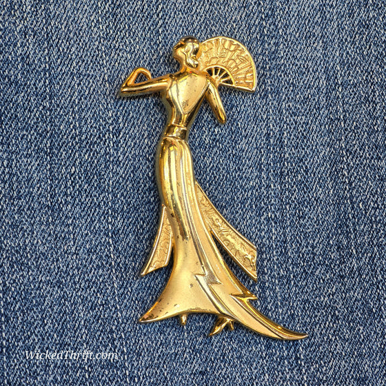 JJ Golden Lady with Fan Pin - PopRock Vintage. The cool quotes t-shirt store.