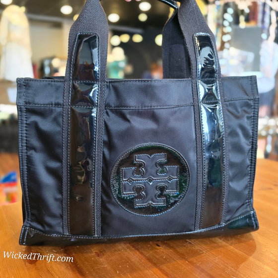 TORY BURCH Black Nylon/Patent Leather "Ella" Tote AS IS - PopRock Vintage. The cool quotes t-shirt store.