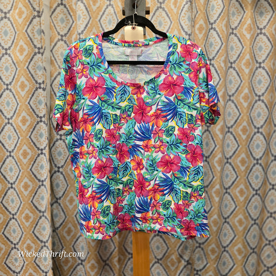STELLA PARKER Pink/Blue Vibrant Floral Cotton Tee XL - PopRock Vintage. The cool quotes t-shirt store.