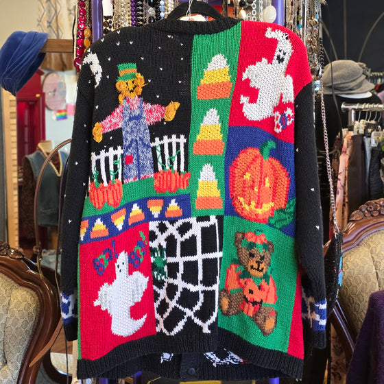 VINTAGE ALEXANDRA BARLETT Halloween Knit Cardigan w. Wooden Ghost Buttons