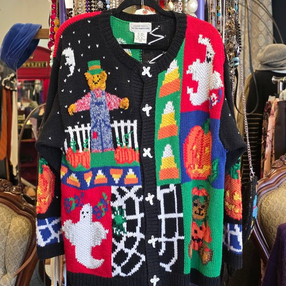 VINTAGE ALEXANDRA BARLETT Halloween Knit Cardigan w. Wooden Ghost Buttons