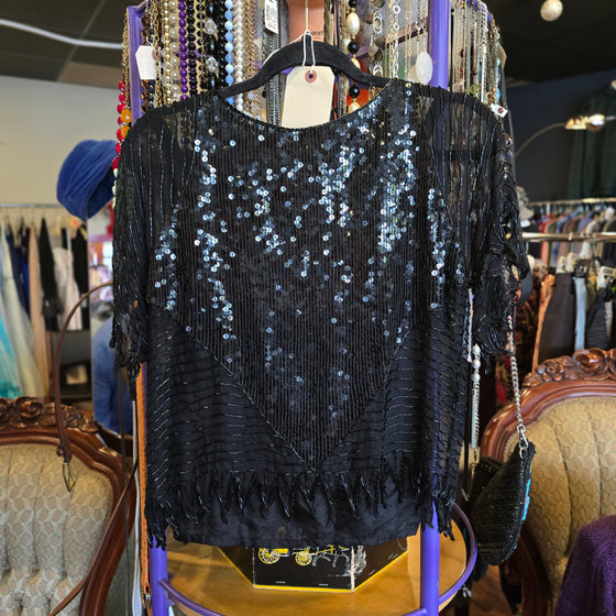 PRICE DROP! VINTAGE Black Silk Sequin/Glass Beading Top w. Silk Tank S
