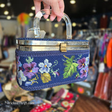 VINTAGE Blue Cross Stitch Floral Hard Case Bag