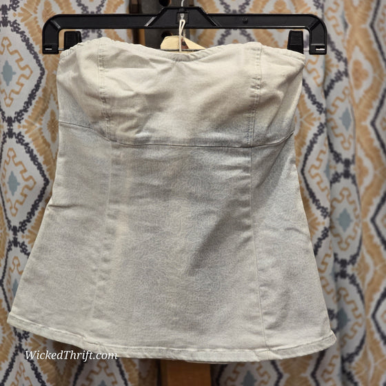 GUESS Faded Printed Denim Strapless Top XS - PopRock Vintage. The cool quotes t-shirt store.