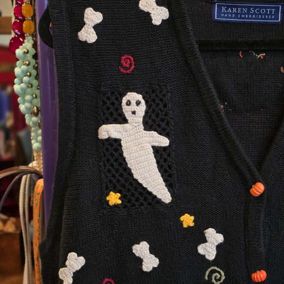 VINTAGE KAREN SCOTT Black Halloween Knit Vest w. Mini Pumpkin Buttons XL