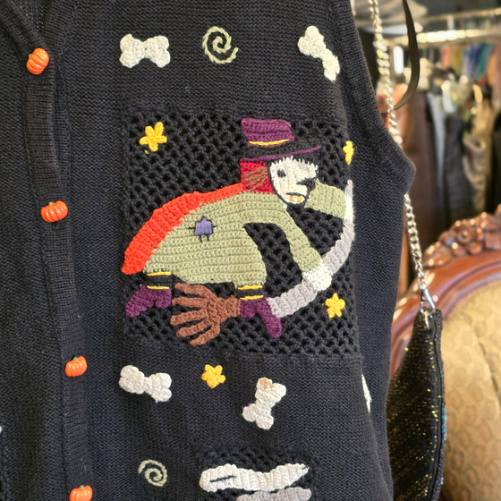 VINTAGE KAREN SCOTT Black Halloween Knit Vest w. Mini Pumpkin Buttons XL
