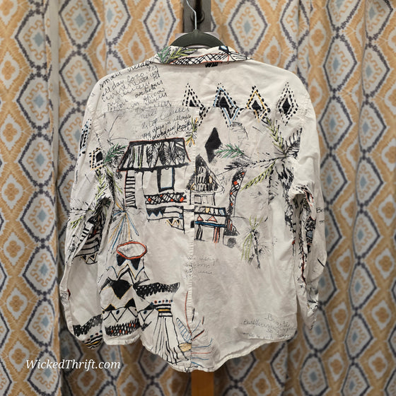 CHICOS White Patterned Button Down 2 - PopRock Vintage. The cool quotes t-shirt store.