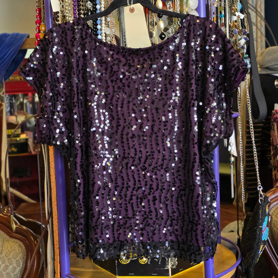 LAUNDRY BY SHELLI SEGAL Purple/Bkack Sequin Top XL