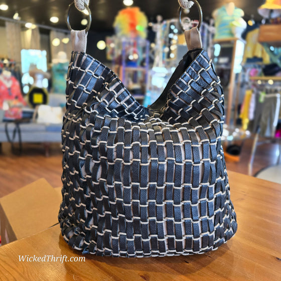 CHICOS Black Leather Woven Boho Shoulder Bag - PopRock Vintage. The cool quotes t-shirt store.