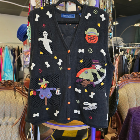 VINTAGE KAREN SCOTT Black Halloween Knit Vest w. Mini Pumpkin Buttons XL