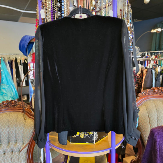 ALEX EVENINGS Black Velvet Jacket w. Sheer Puff Sleeve L