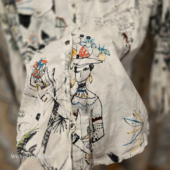 CHICOS White Patterned Button Down 2 - PopRock Vintage. The cool quotes t-shirt store.