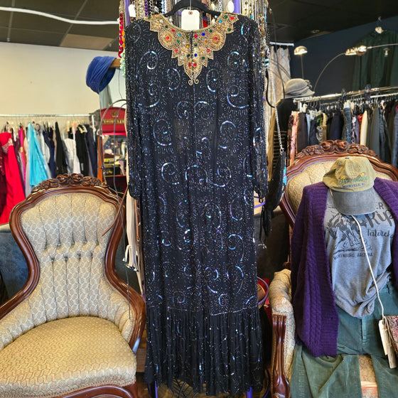 PRICE DROP! 80s ALYCE DESIGNS Black/Gold Beaded/Sequin Maxi Dress