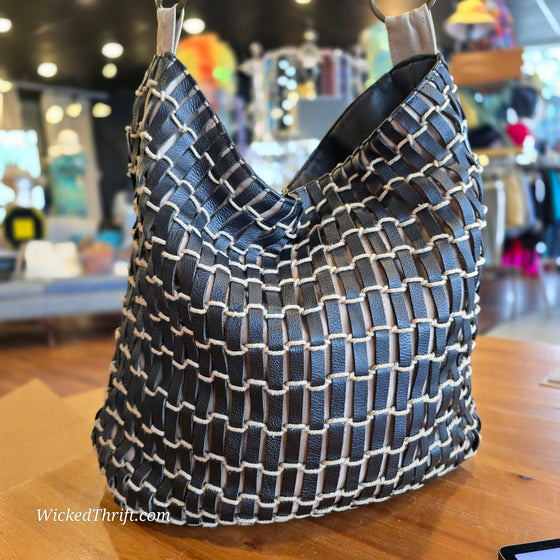 CHICOS Black Leather Woven Boho Shoulder Bag - PopRock Vintage. The cool quotes t-shirt store.