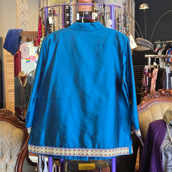 PRICE DROP! SILK LORE Blue 100% Silk Jacket w. Embroidery Bottom 1X