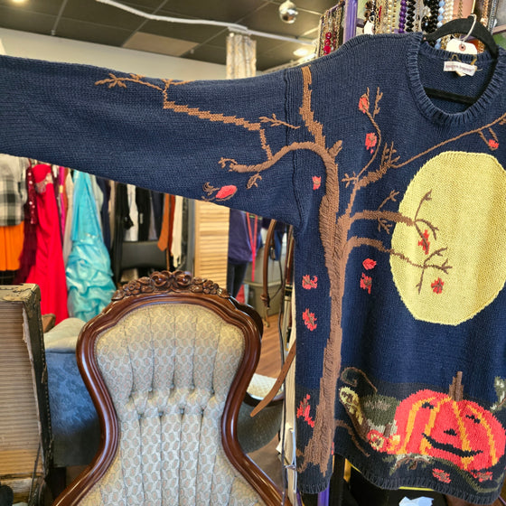 VINTAGE LAUREN HENSEN Knit Spooky Pumpkin Fall Night Scene Sweater 1X