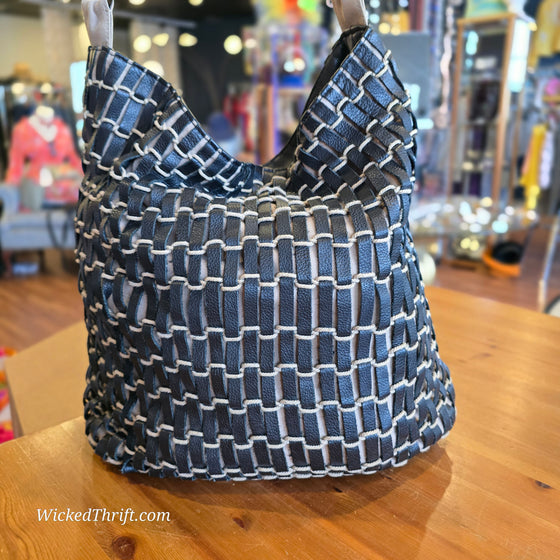 CHICOS Black Leather Woven Boho Shoulder Bag - PopRock Vintage. The cool quotes t-shirt store.