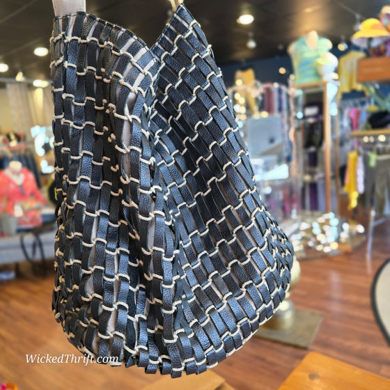 CHICOS Black Leather Woven Boho Shoulder Bag - PopRock Vintage. The cool quotes t-shirt store.