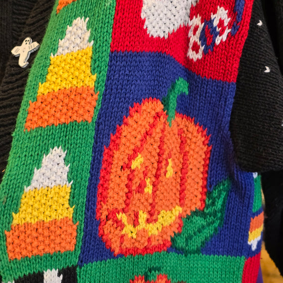 VINTAGE ALEXANDRA BARLETT Halloween Knit Cardigan w. Wooden Ghost Buttons