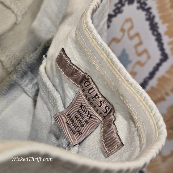 GUESS Faded Printed Denim Strapless Top XS - PopRock Vintage. The cool quotes t-shirt store.